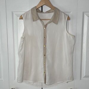 Calvin Klein Sheer White Sleeveless Blouse with Tan Trim & Gold Button Details